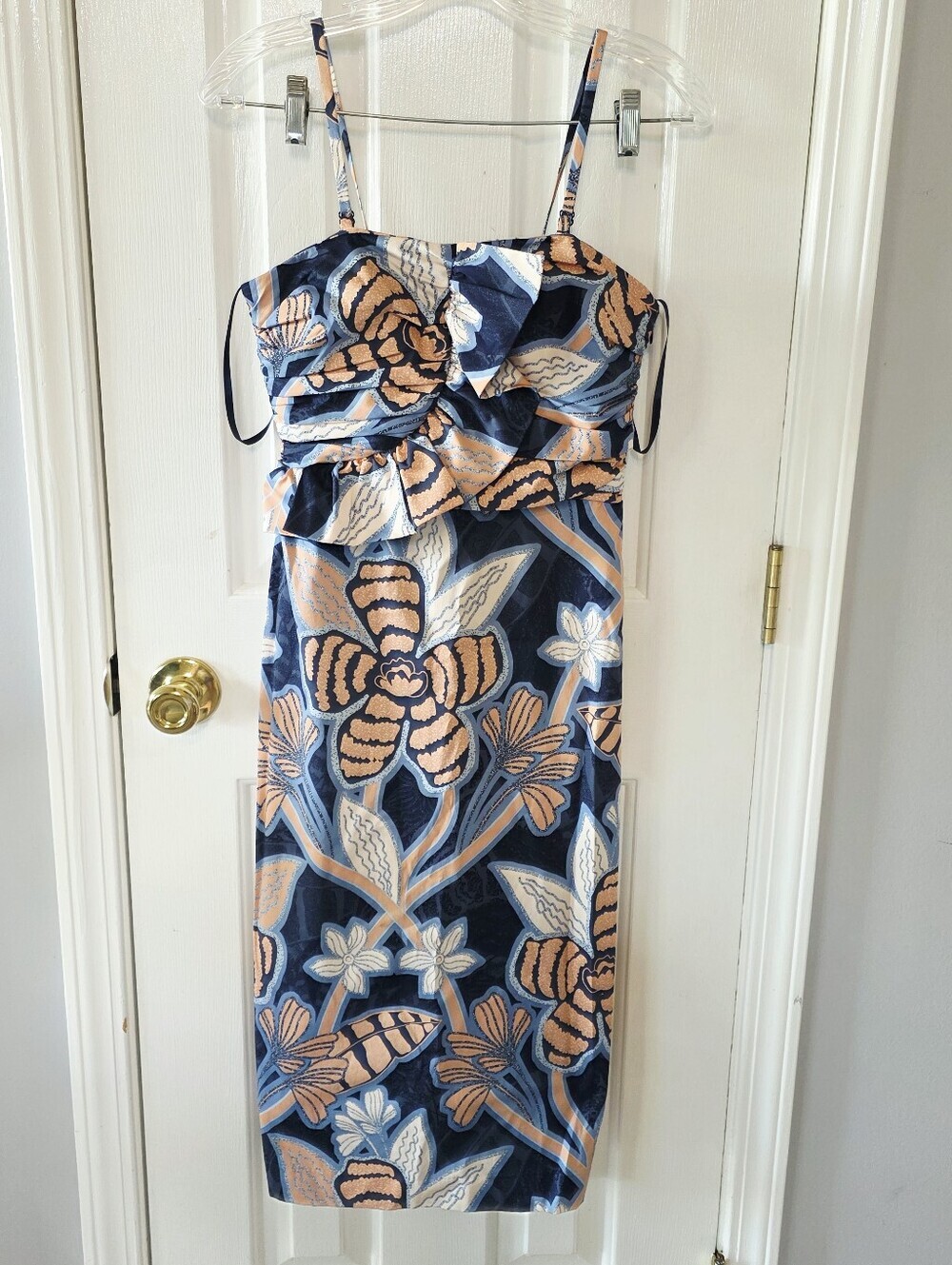 White House Black Market Navy Peach Floral Midi Dress Size 0